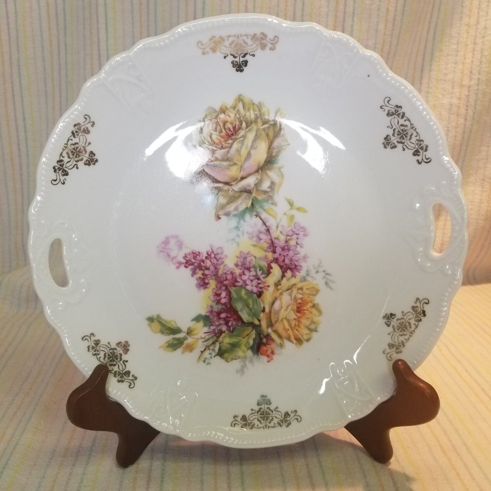 Antique Three Crown China Handled Floral Cake Plate Roses Germany Golden Trim